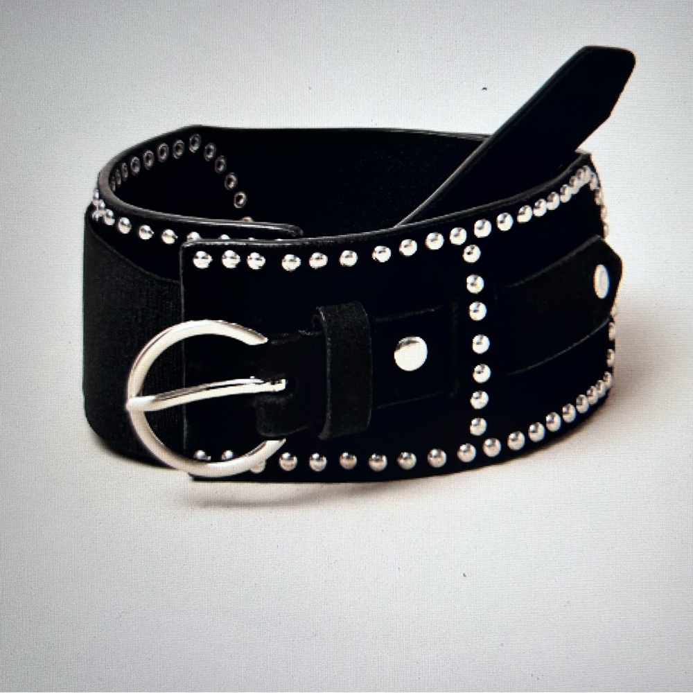 Lucky Brand Black Studded Suede Stretch Belt with Silver Accents